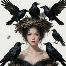 beauty woman with a crows nest on her head, cruelty, black crows, light effect, hyper detailed, intricate, elegant, highly detailed, digital painting, artstation, concept art, matte, sharp focus, illustration, by dan mumford, yusuke murata, makoto shinkai, ross tran