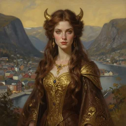 brown haired demoness medium portrait, gentle, female, city landscape, norway, d & d, fantasy, intricate, elegant, highly detailed, digital painting, brown and gold color palette, artstation, octane render, concept art, matte, sharp focus, illustration, herrarthstone, art by artgerm and greg rutkowski and alphonse mucha
