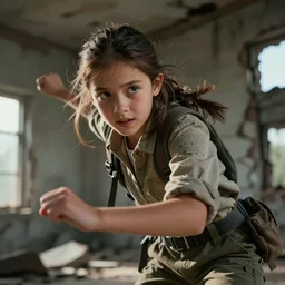a dramatic pose of a beautiful girl, aged 2 5, wearing explorers clothes, closeup, in action, dramatic movement and facial expression, dramatic face angles, motion blur, ruined building background, photo realistic, hyper detailed, trending on artstation, unreal engine 5, octane render, 8 k, by martin schoeller