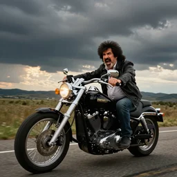 bob ross screaming on back of a motorcycle