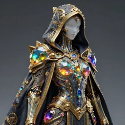 cybernetic crystal assassin, trending concept smooth matte artwork, realistic, intricate linework, beautiful spectrum of colorful gems on dark intricate armor cloak, bright colors,, clear focus, glowing, baroque, hooded, ornate! gold!, specular, futuristic, detailed, moody, magical, wlop, chebokha, rutkowski, artgerm, shinkai