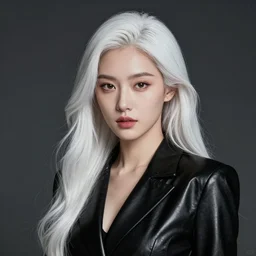portrait of a woman wearing shiny black leather suit, english face, refined features, moon goddess, long snow - white hair by jean gerome, edward hopper and james jean, hyper detail, 8 k, high resolution, ultra detailed