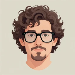 A curly-haired persian guy wearing square black glasses and a goatee, muted colors, matte print, pastel colors, 2d, ultra highly detailed, smooth, sharp focus, digital art, digital painting, fan art, elegant, artstation, head is centered, by Ilya Kuvshinov