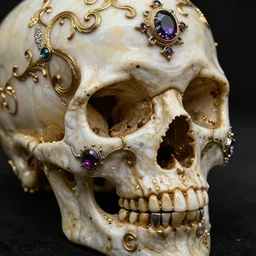 baroque skull, scrollwork, gold, silver, precious gems, rendered in octane, close-up