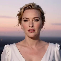 a  close up portrait photography of  Kate Winslet dress in white in style of Avedon, soft sunset lighting, pastel colors scheme, fine art photography, dramatic backgroung, 100 mm sigma art