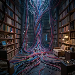 rgb wires, library, waterfarll, cinematic, movie scene, inspired by zdzislaw beksinski, veins,, cables everywhere, bedroom, ultra realistic, concept art, intricate details, highly detailed, photorealistic, octane render, 8 k
