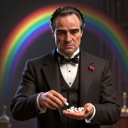 ultra realist and ultra intricate detailed 3d render of Marlon Brando as the Godfather offering pills in the Matrix, focus, rainbow lighting, award winning, trending in cgsociety artstation deviant art, octane render,by Tom Bagshaw