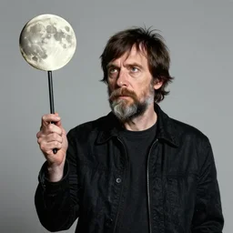 old aged Thom Yorke, Radiohead singer Thom Yorke, holding the moon upon a stick, with a beard and a black jacket, a portrait by John E. Berninger, dribble, neo-expressionism, uhd image, studio portrait, 1990s