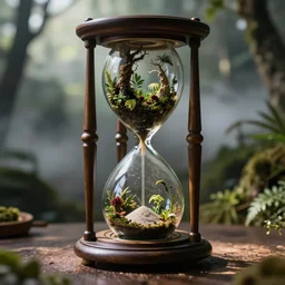 a victorian hourglass containing a tiny terrarium cloud forest, by craig mullins and vermeer