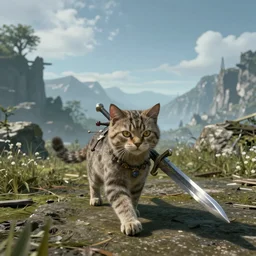 a bipedal cat with a sword in elden ring, gameplay, 8k, hd