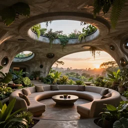 inside luxurious earthship with futuristic sunken lounge and indoor garden with circular skylights, XF IQ4, 150MP, 50mm, F1.4, ISO 200, 1/160s, sunset