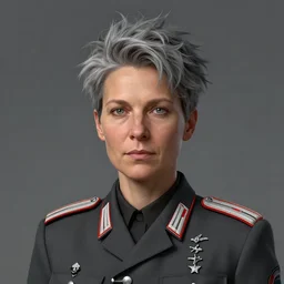 portrait of the woman called ss - kerstin. she is 6 0 years old and has strange short spiky gray hair. she is the general of the german army. detailed digital art by greg rutkowski, thomas kinkade and keith parkinson, artstation, cgsociety, 8 k, hd