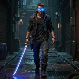 a detailed full bodied 3 d render of an extremely handsome jensen ackles as time traveler walking down a dark alley in cyberpunk 2 0 7 7, holding an electrified katana, wearing glowing neon slotted and shuttered 1 9 8 0 s glasses!!!!, aetherpunk, volumetric lighting, octane render, 8 k, art by greg rutkowski and albert bierstadt and alphones mucha