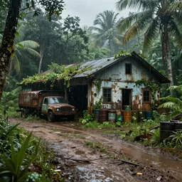 heavy rain, the last of us : part 2 style, a car warehouse that has been forgotten for many years in the tropical rain forest, a potholed mud road, a rusty truck parked outside the house, and oil drums piled beside it. everything is covered by vegetation. by sergey vasnev and jan urschel, matte painting, real lighting, ponding