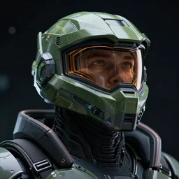cyberpunk halo helmet on space looking up, close shot, reflection, epic, dramatic, cinematic, award winning, ultra detailed, realistic, 8k,