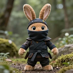 a photo of a little brown ninja bunny that is a plush muppet wearing a cool ninja outfit and posed out in nature, photorealistic, photography, ambient occlusion, rtx, national geographic