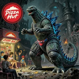 portrait of godzilla attacking pizza hut in dark dungeon wearing swimsuit, jodhpurs greg manchess painting by sargent and leyendecker, studio ghibli, medium shot asymmetrical intricate elegant illustration hearthstone, by greg rutkowski by greg tocchini by craig mullins