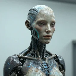 photo taken of an epic intricate, ultra detailed, super realistic gritty, wet, lifelike sculpture of a female humanoid - android hybrid creature with bioluminescent patches of skin created by weta workshop, zoomed in shots, subsurface scattering, photorealistic, sharp focus, white wall coloured workshop, cold colour temperature, f 0. 4, face centred, golden ratio,