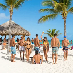martians enjoying the beach in punta cana, noon, sunny day, party atmosphere,