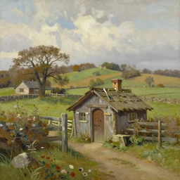 landscape painting of the shire, bag - end, painting by bob ross