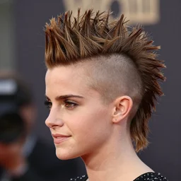 Shaved side of head mohawk hairstyle, Emma Watson with a spiky mohawk hairstyle, headshot, 200mm, canon, f5.6