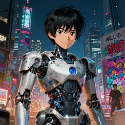 illustration portrait of happy japanese robot, future tokyo, high detail, intricate detail, golden ratio, cinematic lighting, cinematic composition, ghost in the shell, night, by sachin teng and sergey kolesov and ruan jia and heng z and wlop. graffiti art, scifi, fantasy, hyper detailed. octane render. concept art. trending on artstation