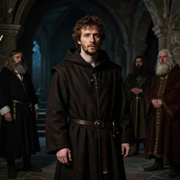 jesse eisenberg as an enigmatic medieval christian ( ( monk ) ) in a dark underground city. dark shadows, colorful, law contrasts, ( ( ( chiaroscuro lighting ) ) ) fantasy portrait by jakub rozalski, jan matejko, and j. dickenson