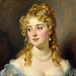 1 9 9 0 s joyful, lavish by john atkinson grimshaw. mixed media art. a beatiful portrait of a young woman, pictured from the shoulders up, wearing a pearl necklace & earrings. she has blonde hair that is styled in loose curls, & she is looking to the side with a soft expression.