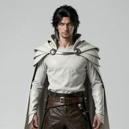 Photo of the character with pale ash-colored skin, yellow eyes with vertical pupils, black thick hair with a touch of gray to the shoulders, with neat stubble, similar to a small beard and with a strong build. He wore a plain old shirt, with a light leather armor over it, and leather pants with a belt, and a floor-length hooded cloak over his back, beautiful light, cinematic, sharp focus, digital art, full body, elegant, highly detailed, 8k, photorealism