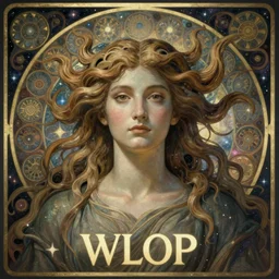 Roman Goddess Queen by WLOP, symmetrical face, symmetrical body, artgerm, flowing hair, portrait, muted colors, artstation, character concept art, border and embellishments inspiried by alphonse mucha, fractals in the background, galaxy,