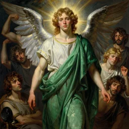 a portrait of archangel raphael in a green toga by wayne barlowe, gustav moreau, goward,  Gaston Bussiere and roberto ferri, santiago caruso, and austin osman spare, ((((occult art))))