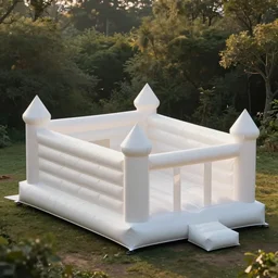 huge white adult bouncy castle playground on the forest, style by anish kapoor, parts by shih chieh huang, warm soft light, bird view, telephoto lens, shallow depth of field realistic, 8 k, hyperrealism, subsurface scattering, raytracing