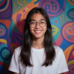 colorful and festive captivating teenager boy with straight long black hair, wearing round glasses and a white t - shirt. happy. rich vivid colors, ambient lighting, dynamic lighting, 4 k, atmospheric lighting, painted, intricate, highly detailed by charlie bowater