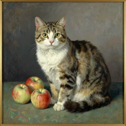 vintage beautiful painting of a cat with apples in Mary Cassatt style