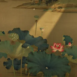 a ming dynasty painting of a lake with lily pods and red lotus flowers,