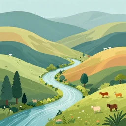 A beautiful mixed mediart of a landscape. It is a stylized and colorful view of an idyllic, dreamlike world with rolling hills, peaceful looking animals, and a flowing river. The scene looks like it could be from another planet, or perhaps a fairy tale. decopunk by Ken Kelly, by Peter Zumthor atmospheric