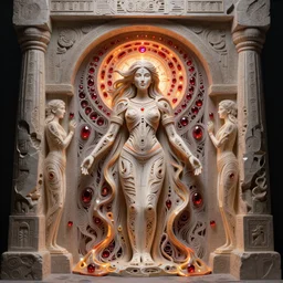ancient monolithic portal containing the mother of death carved out of melted hope, full body character portrait, symmetrical paper quilling statue carved from melting onyx and glowing ruby portal to the eternal