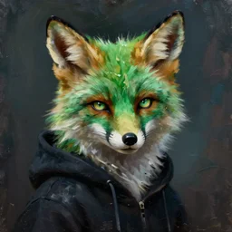 oil painting portrait of anthropomorphic female green fox animal, dressed in dark black hoodie. fox animal, glowing eyes, oil painting, smirk,