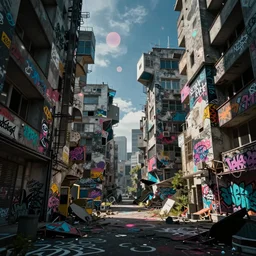 fragmented architecture collage  by atelier olschinsky and Ernst Haas, cyberpunk, (high contrast), ((oversaturated)), grafitti paint, bokeh, dof, unreal engine