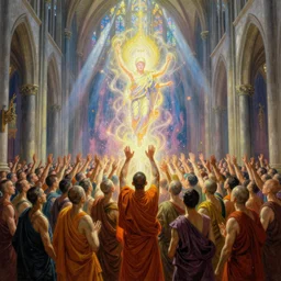john william godward painting of large crowd of thousands of monks summoning and raising magical glowing spirit in a mega large gothic church, sunlit light, dappled light god rays, tryppy colors, yoshitaka amano, louise zhang,