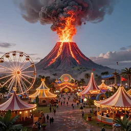 a theme park in pre historic earth, erupting volcano, ferris wheel, lights, carnival, digital art by colby bryant