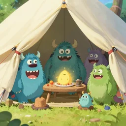 lab to create cute monsters joyfully playing within a tent at a campsite, close up, natural lighting, playful color scheme, intricate details, matte painting, illustration, by hayao miyazaki