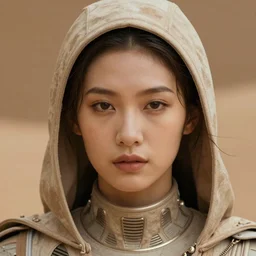 fashion model face close up in year 3000, model wearing a surreal Avant-garde uniform, shot from the movie Dune