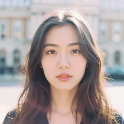 analog head and shoulders frontal face portrait photography of a beautiful woman in london. zeiss 3 5 mm lens. kodak portra 8 0 0 film photography. pastel lighting, soft colors. popular on instagram. depth of field. heavy film grain. realistic. detailed. hq. filmic. dreamy. lens flare. in - focus