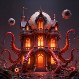 A Victorian House of The Void made of eyeballs and tentacles, Red and Orange colored, 4k, masterpiece, cinematic, glowing, by Greg Rutkowski, Trending on Artstation, Behance. Polished, Volumetric Lighting