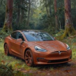 rusty tesla in the forest, cinematic. intricately detailed acrylic painting