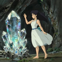 Full body portrait of a Himalayan woman in a sleeveless dress, casting a spell on a giant crystal in a cave, detailed, artstation, by Kyoto Animation and Studio Ghibli, by Makoto Shinkai and Ilya Kuvshinov