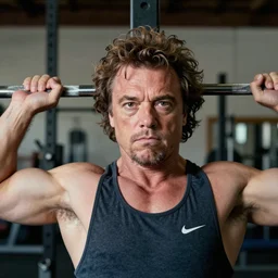 portrait of Jack Black benching press with Arnold Schwarzenegger body, by Charlotte Grimm, natural light, detailed face, CANON Eos C300, ƒ1.8, 35mm, 8K, medium-format print