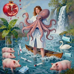 a tall queer female pathology student holding an octopus, a river flooding inside, medical supplies, medical mask, syringes, pathology sample test tubes, pigs, plants in glass vase, water, river, rapids, canoe, pomegranate, berries dripping, waterfall, swans, acrylic on canvas, surrealist, by magritte and monet