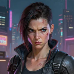 epic portrait of femshep Mass Effect 1 character creator scars 2, Night City, cyberpunk 2077, neon megacity in the background, angry and bored, illustration, soft lighting, soft details, painting oil on canvas by mark arian by artgerm, trending on artstation, 4k, 8k, HD